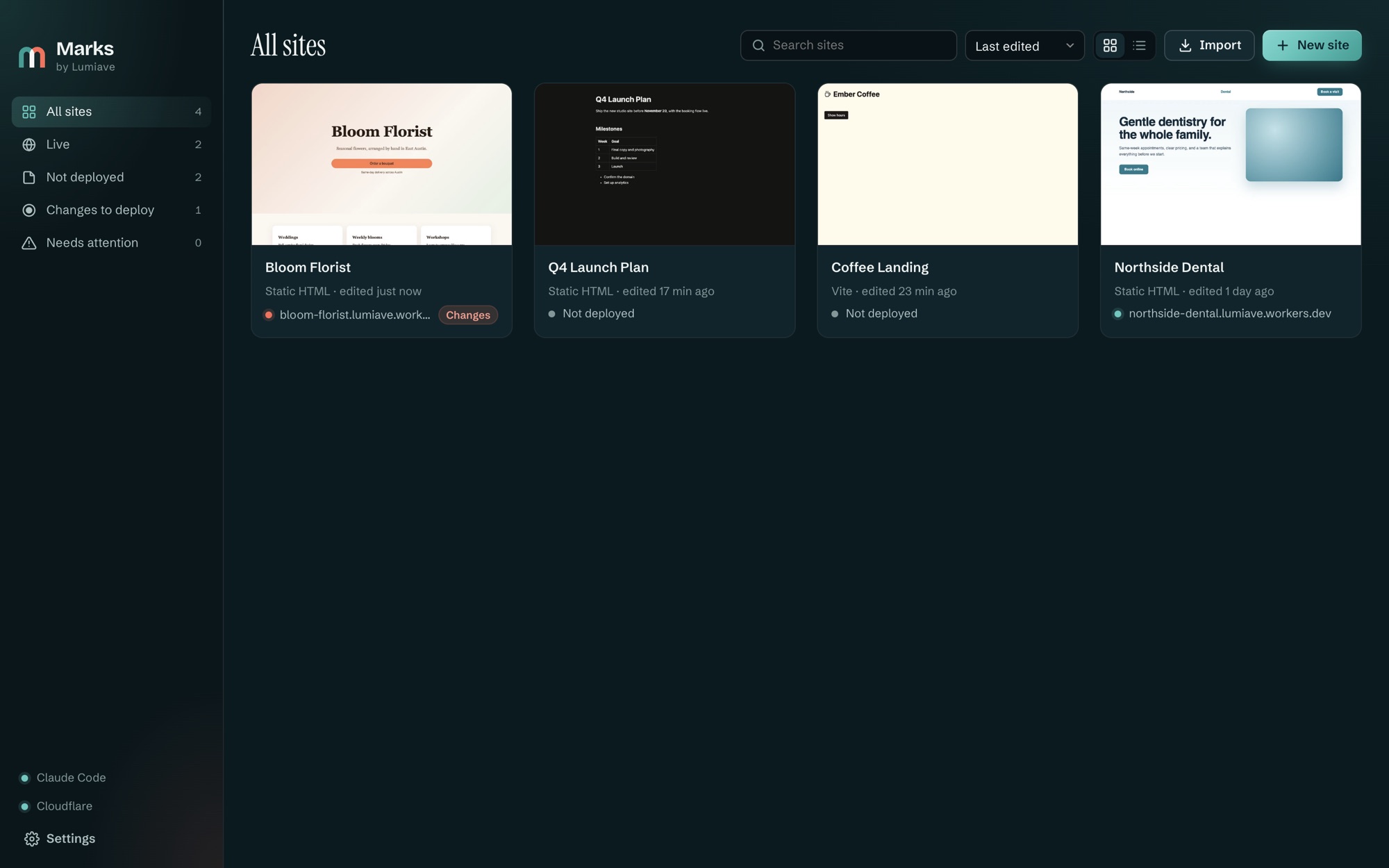 The Marks dashboard: website cards with screenshots, each showing its type, when it was last edited, and its live Cloudflare address or deploy status.