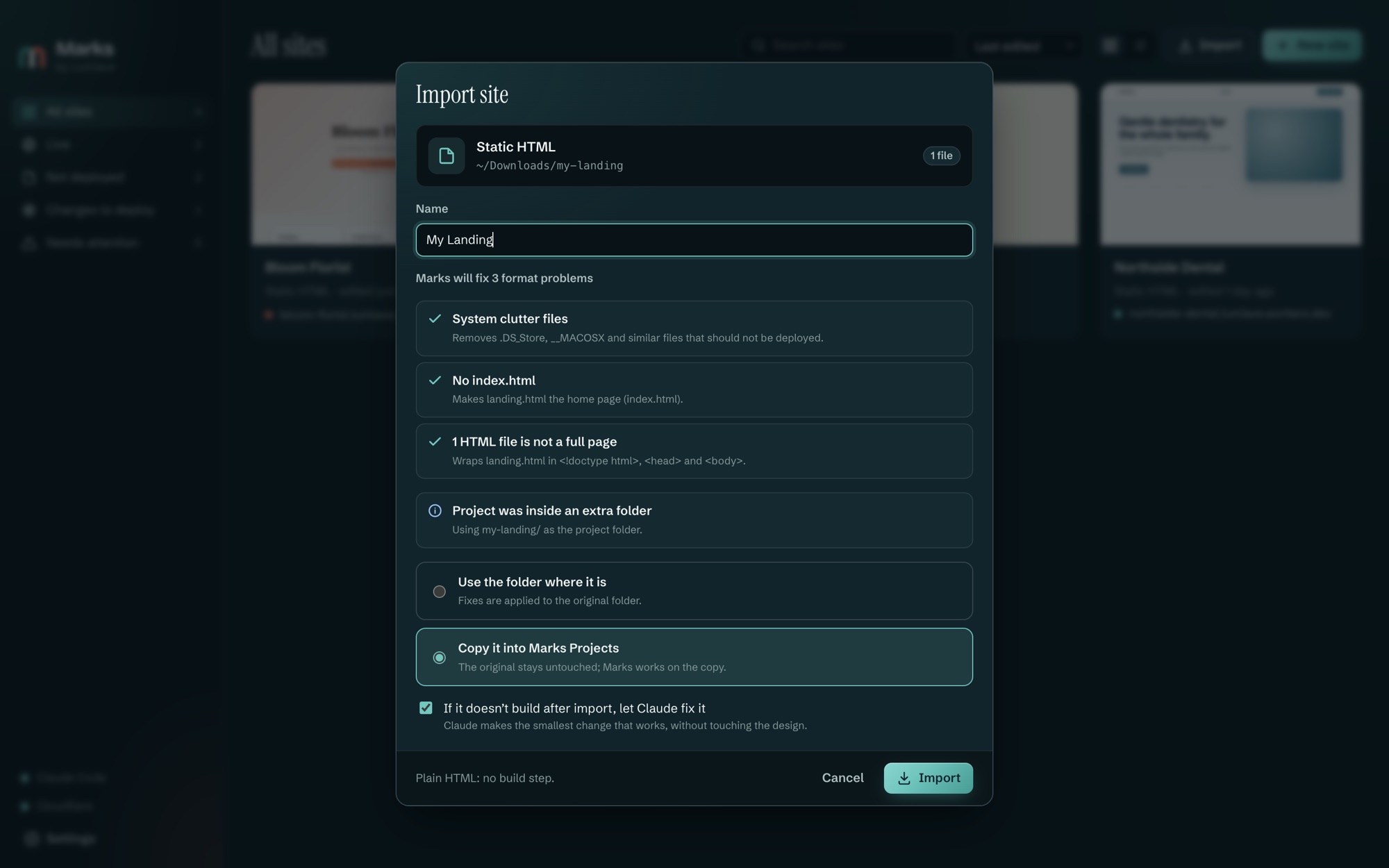 The import dialog for a downloaded page: Marks detected static HTML and lists the fixes it will make, such as making the page the home page and wrapping a fragment in a full HTML document.