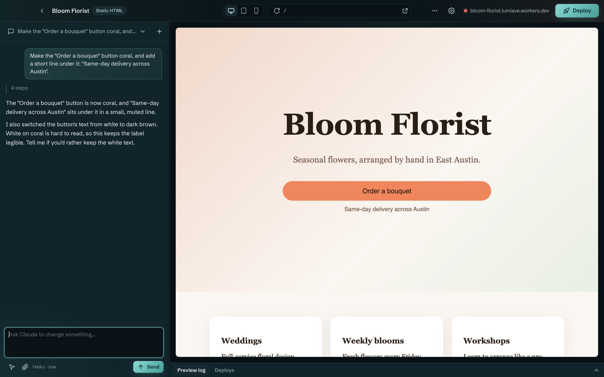 A site open in Marks: on the left, Claude has made the Order a bouquet button coral and added a delivery line; on the right, the live preview shows the change.